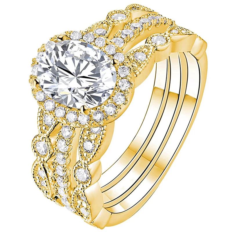 Huitan 3Pcs Set Rings for Women Gold Color Luxury Wedding Accessory Trendy Proposal Engagement Rings High-quality Female