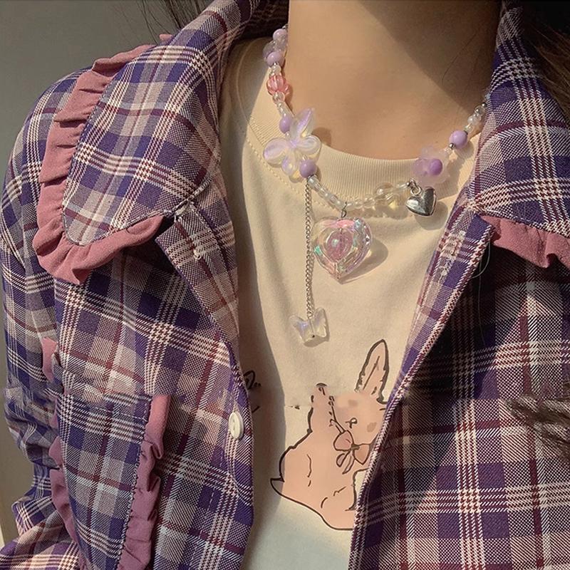 Y2K Heart Butterfly Přívěsek Choker náhrdelník Barevný korálkový řetízek klíční kosti pro ženy Dívka Punk Sladký estetický párty šperk