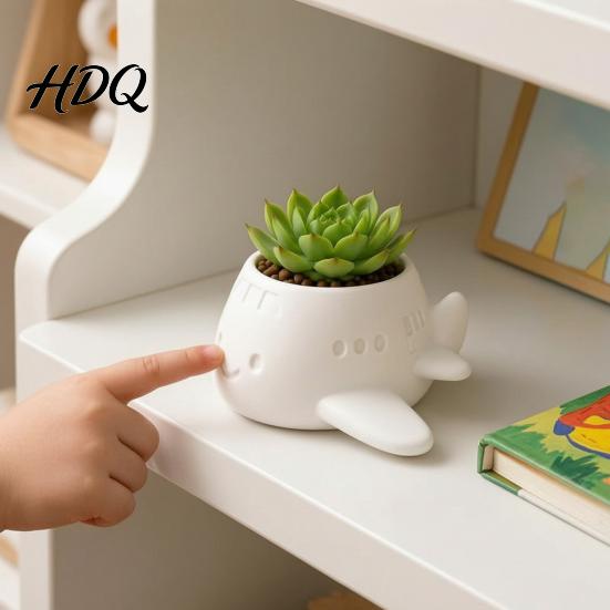 Creative Office Plant Holder 3D Printed Cartoon Airplane Succulents Pot Cute Desktop Flower Pot Indoor Window Sill Container for Small Plants,
