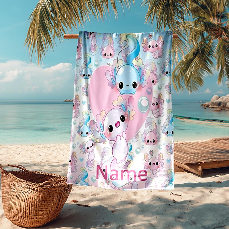Custom Name Ultra-Soft Beach Towel with Axolotl Theme,Ideal for Pool - Camping, Diving - Perfect Travel Essential, Vibrant Beach Towel.