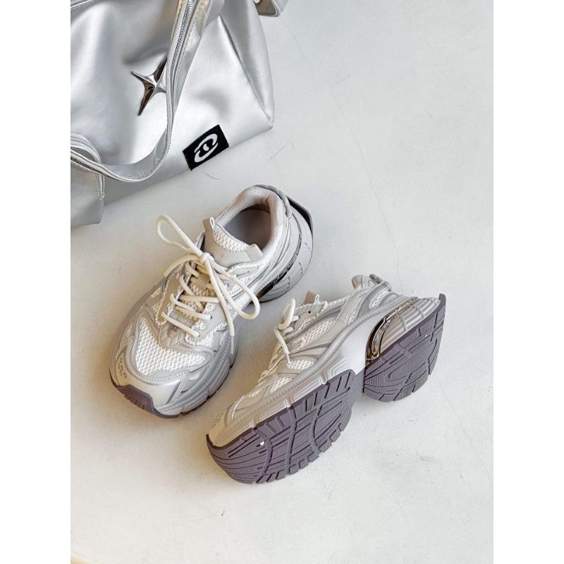 Spring and Autumn New Leather Silver Daddy Shoes Women's Platform Muffin Mesh Versatile Small Casual Shoes