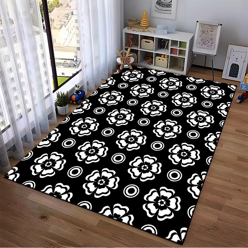Black and White Floral Pattern Carpet with Circular Accents, Modern Style Suitable for use as an anti-slip for living room bedroom sofas