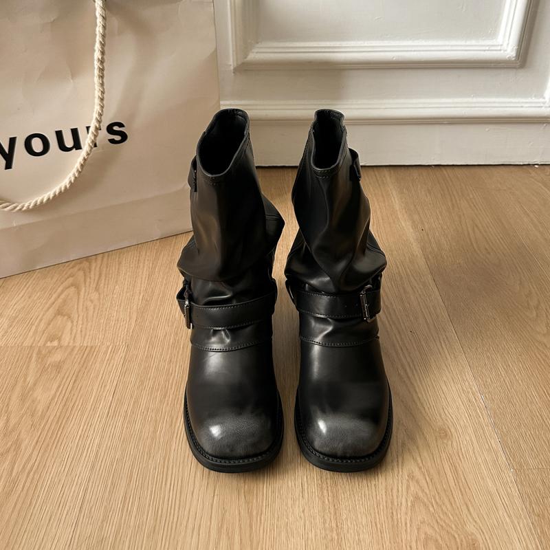 Winter Belt Buckle Women Pipe Ankle Cosy Soft Leather Ladies Concise Thick Heel Slim Short Booties De Mujer