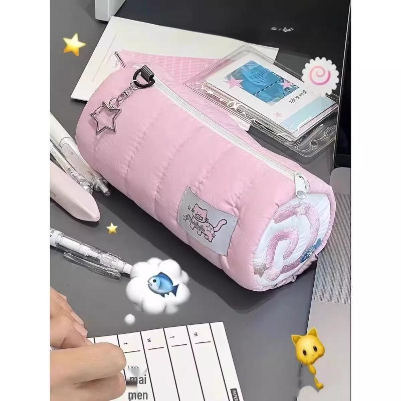 Xiaohongshu Cute Puppy Embroidered Pencil Case - Milk Puff Towel Design, Large Capacity Stationery Bag.