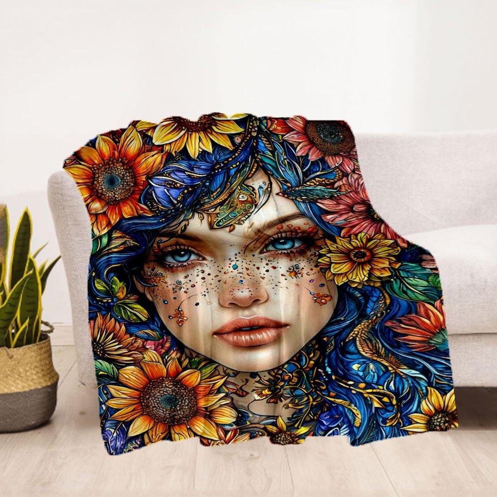 "Bohemian Floral Fantasy Women's Dress"Blanket Flannel Throw Blanket for Sofa, Bed, Travel, Camping, Office, Couch, Chair, And Bed Gift for