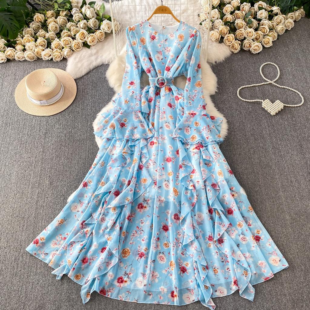 Pastoral romantic wind floral print dress women's spring and autumn horn sleeves waist pendulum elegant ruffle edge long dress