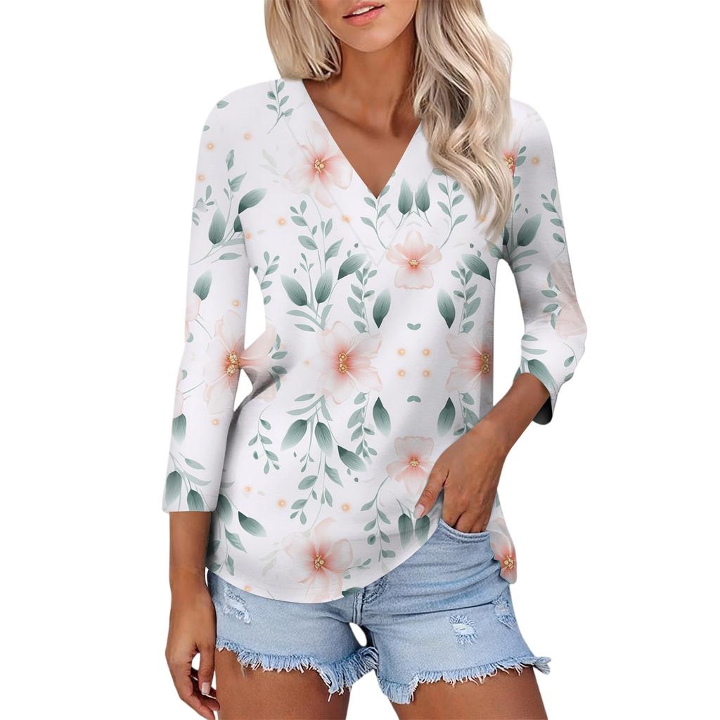 Women's Casual Fashion Sexy Comfortable V-neck Floral Three-quarter Sleeve Top