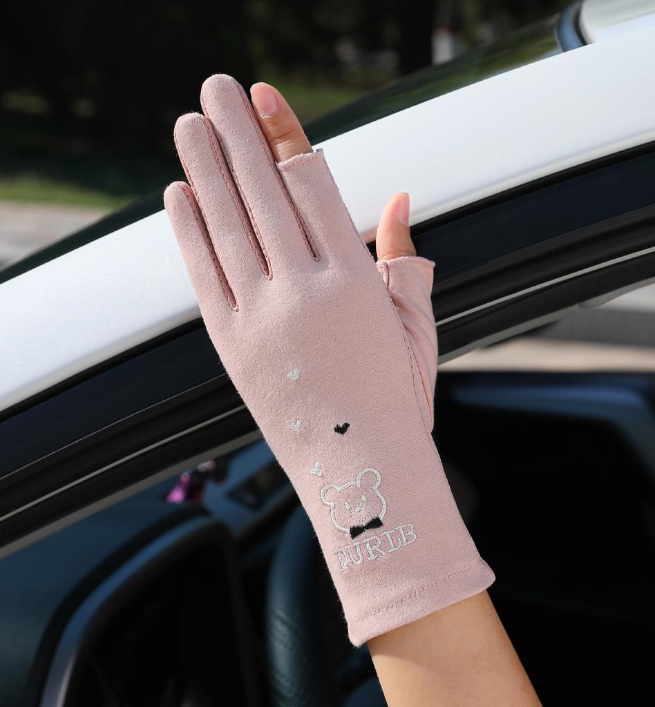 Women Lace UV Protection Gloves, Cotton Two-Finger Exposed Cute Driving Sunscreen Summer Gloves
