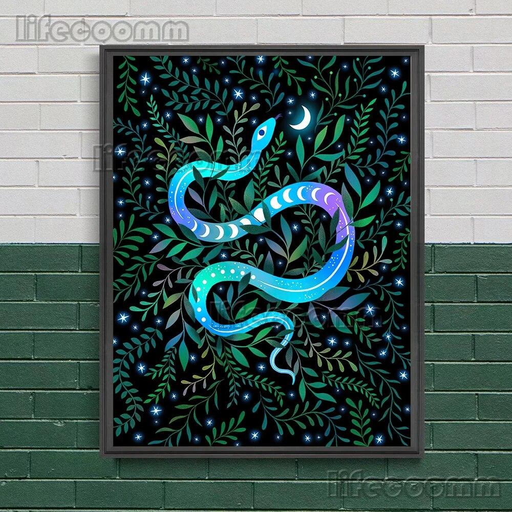 2023 księżycowa faza księżyca i magiczna ćma obraz ścienny na płótnie wąż, roślina, księżyc, elementy czarów plakat artystyczny dekoracja z nadrukiem bez ramki