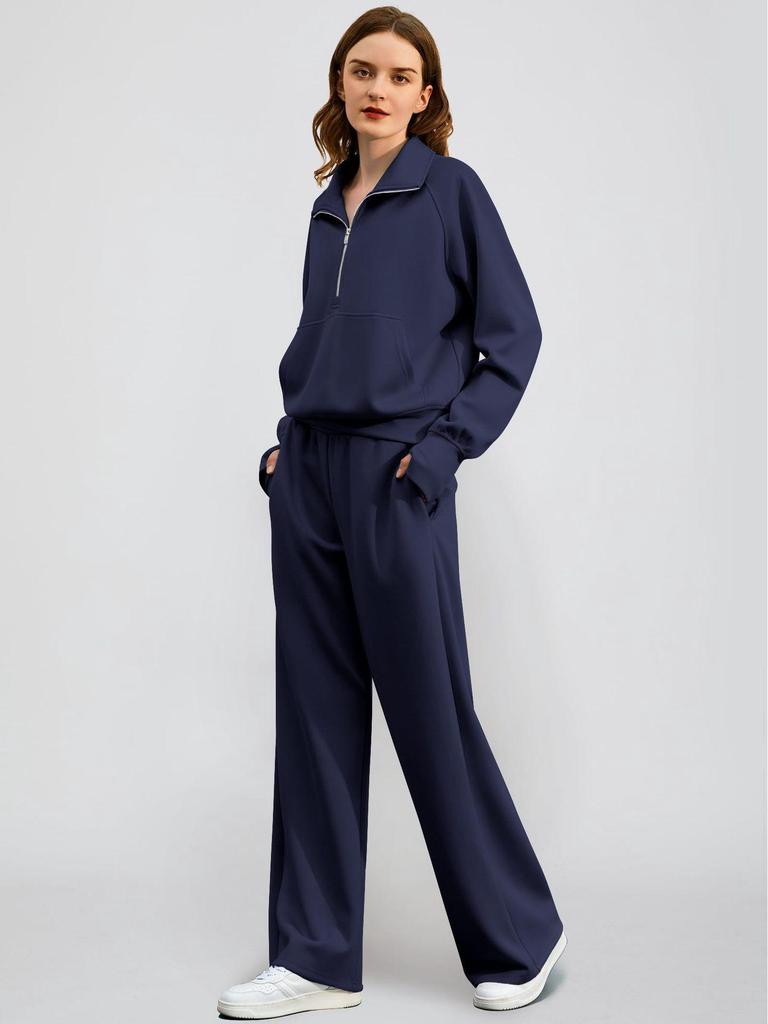2025 Oversized Half-Zip Sweatshirt & Wide-Leg Sweatpants Women's Two-Piece Casual Set
