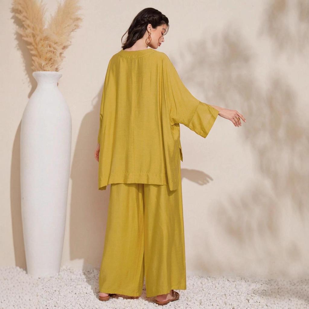 Summer 2025 Women's Solid Batwing Sleeve Two-Piece Set