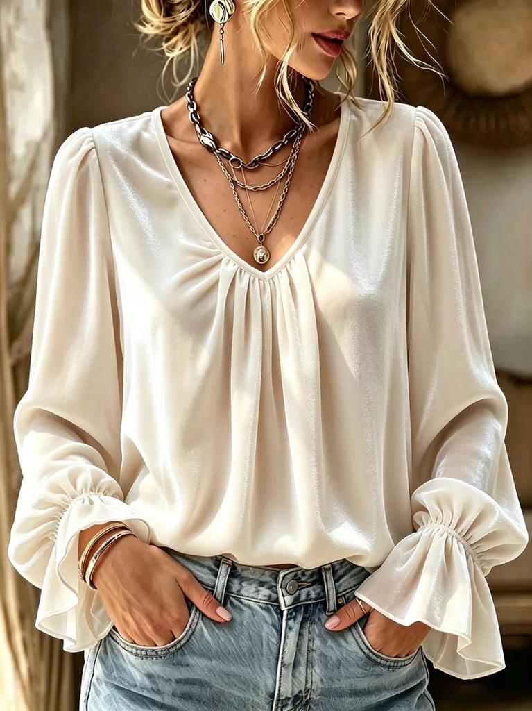 Autumn and winter women's clothing new velvet versatile V-neck pleated loose solid color long-sleeved shirt women