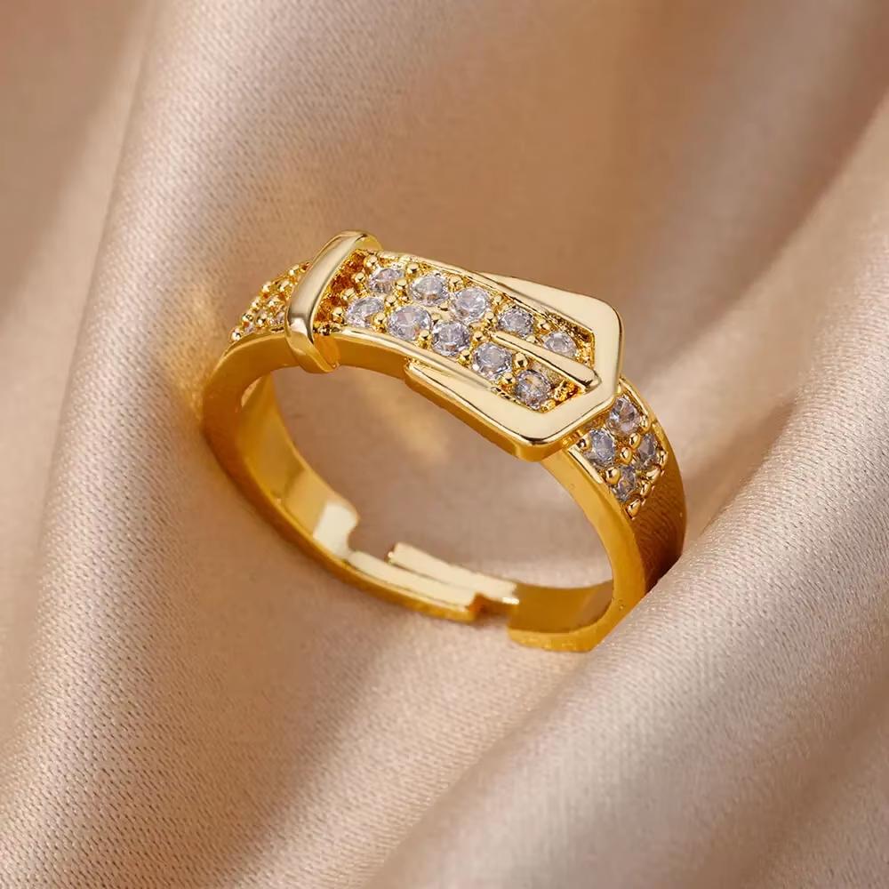 Gold Plated Stainless Steel Crystal Rings For Women Chain Geometry Zircon Finger Ring Jewelry Gift anillos mujer 2025 New Trendy