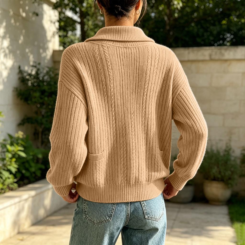 Women's Casual Loose Fit Cable Knit Cardigan with Lapel Collar