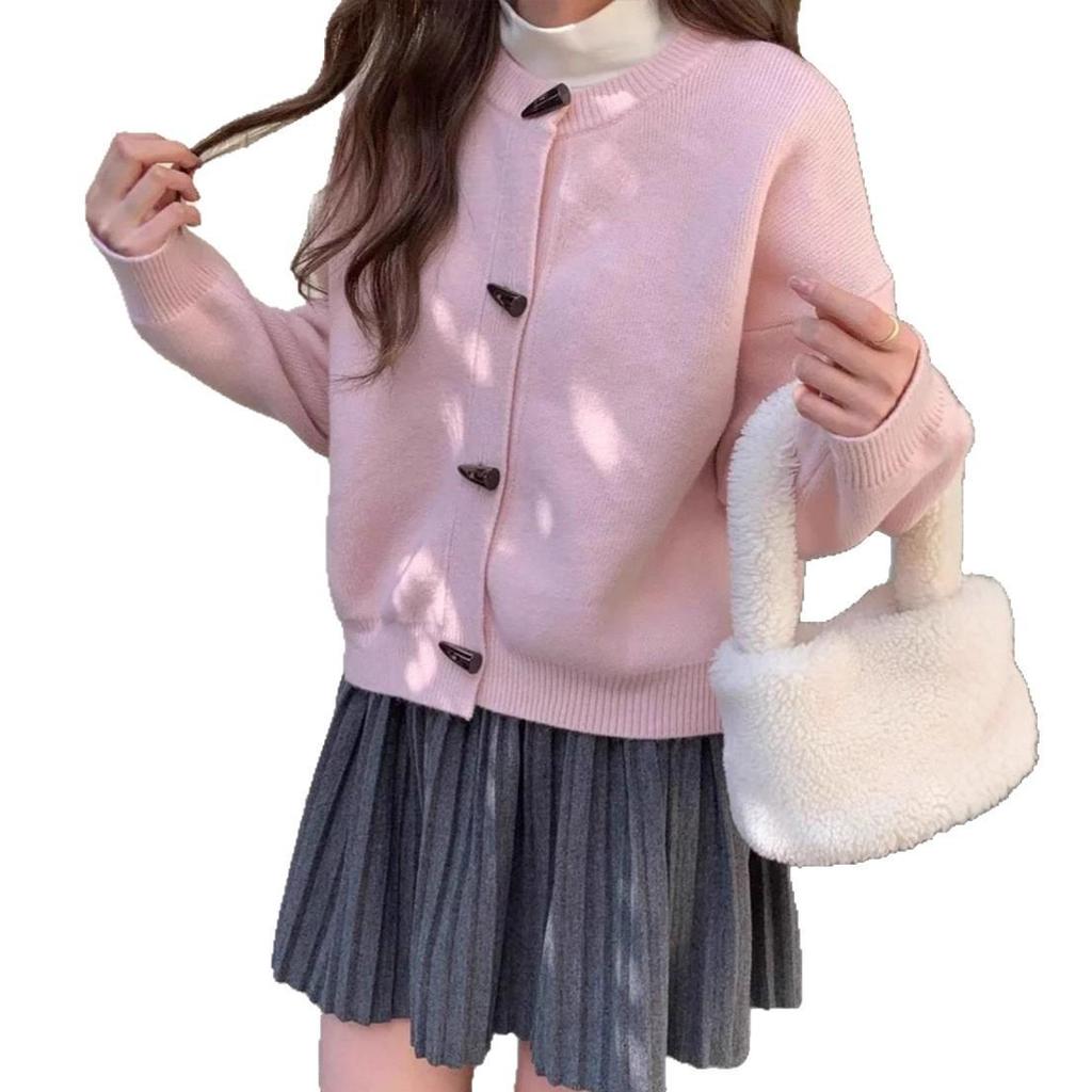 Round-neck Horn-buttoned Sweater Coat for Women's Autumn and Winter New Loose, Retro Solid Color, Versatile Knitted Cardigan