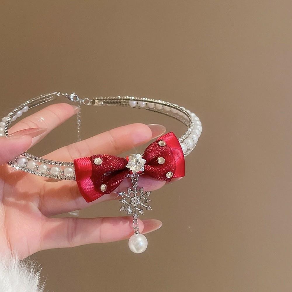 Tassel Pearls Rhinestone Choker Silver Shiny Neck Jewelry Adjustable Bow Beads Necklace  Daily