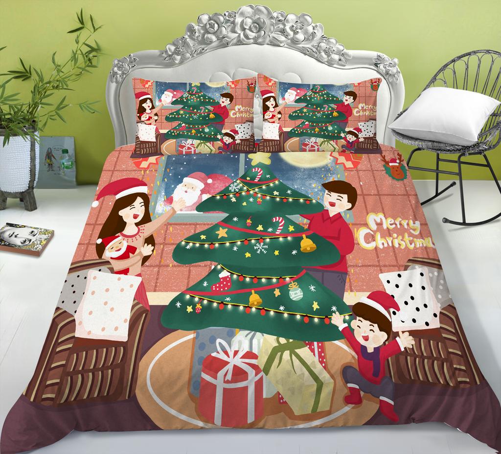 Christmas Quilt Cover Pillowcase Three-Piece Children'S Holiday Gift Cartoon Digital Printing Polyester