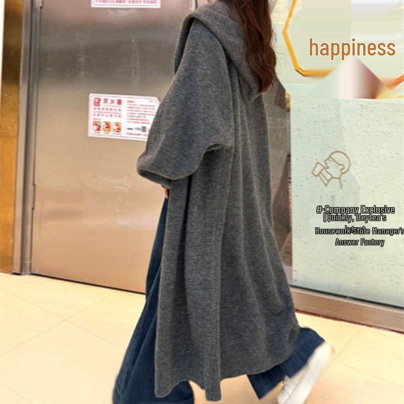 Knee-Length Hooded Knitted Cardigan Coat - Thick, Loose, and Ideal for Spring, Autumn, and Winter.