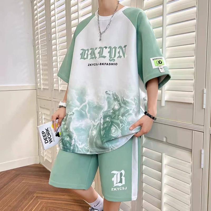 

Summer Men s Personalized Letter Print Comfortable Breathable Round Neck T-shirt Shorts Set Outdoor Street Style Outfit 5XL зелений