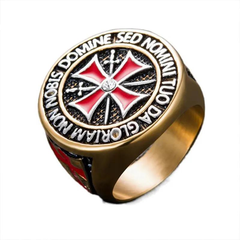 Anillos Dominantes de Caballeros Templarios para Hombres Color Plata Cruz Roja Incrustada Circonita Cúbica Anillo para Hombres Joyería Decoración