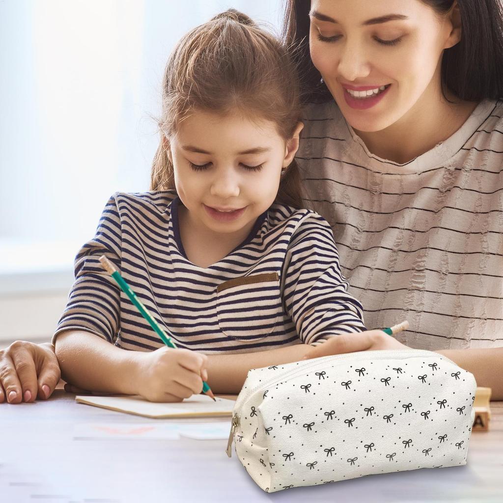 Portable Black White Bow Pencil Case Simple Girl Student Makeup Bag Large Capacity Stationery Storage Bag Student Stationery