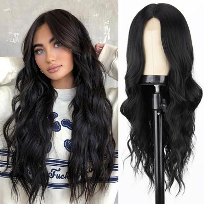 Long Black Wavy Wig for Women Middle Part Curly Wavy Wig Natural Looking Synthetic Heat Resistant Fiber Wig for Daily Party Use