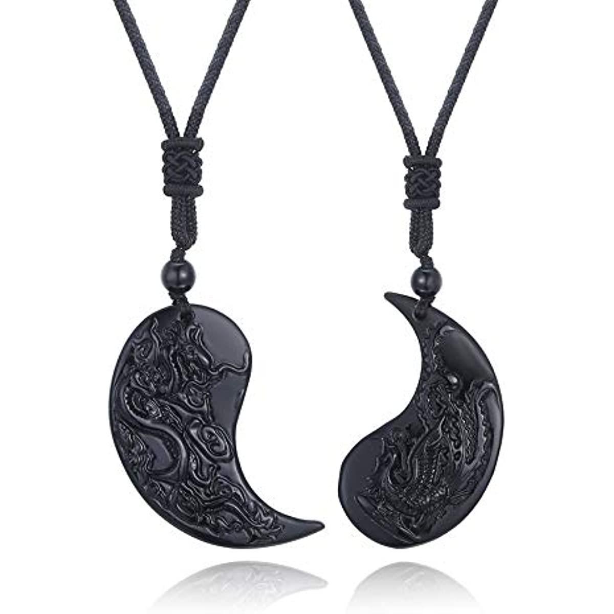 Yin Yang Dragon & Phoenix Black Obsidian Necklace Pendant