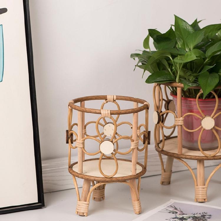 Rattan Indoor Plant Stand Straw Woven Flowers Pots Holder Stool with Legs Floor Planter Baskets Rack Wood Plant Shelf