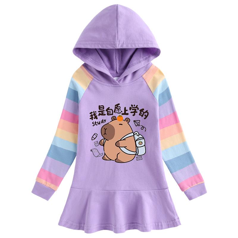 Girls' Ruffle Rainbow Hoodie Dress - Long Sleeve, Pleated, Princess Style