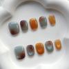 10Pcs Short Square Blue Brown Patchwork French Press On Nails Full Coverage Waterproof Artificial False Nails