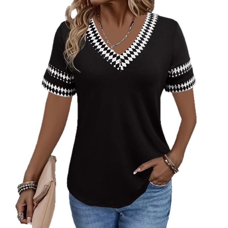 New Popular Women's V-neck Contrasting Color Splicing Short-sleeved Women's Fashion T-shirt