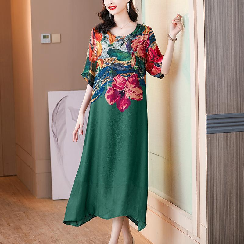 M~5XL Damenkleid Große Größe Elegantes bedrucktes Pflanzen- und Blumenkleid Lockerer langer Damenrock