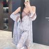 New Chinese retro dark flower ice silk suspender trousers nightgown three-piece set lace with chest pad ice breathable loungewear