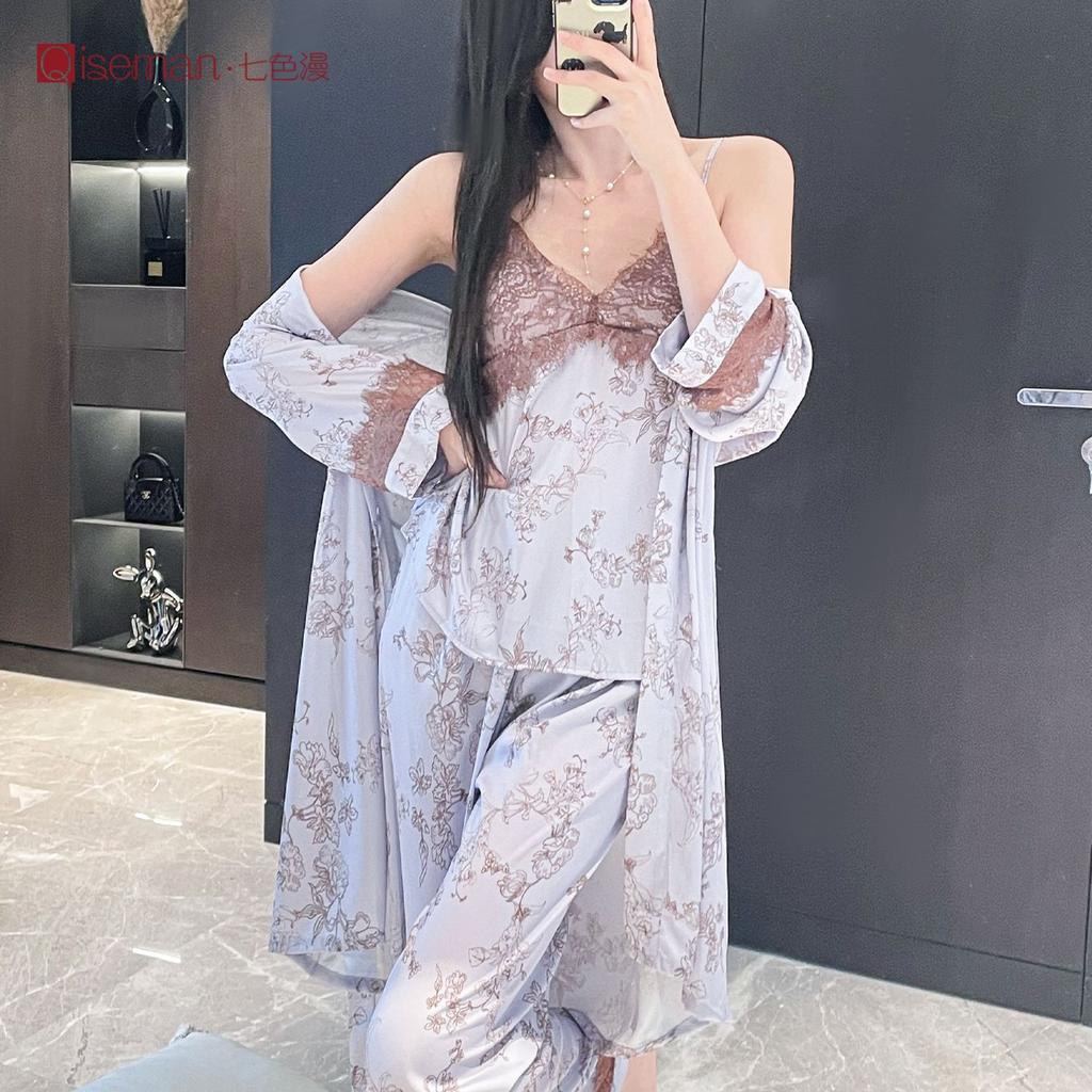New Chinese retro dark flower ice silk suspender trousers nightgown three-piece set lace with chest pad ice breathable loungewear