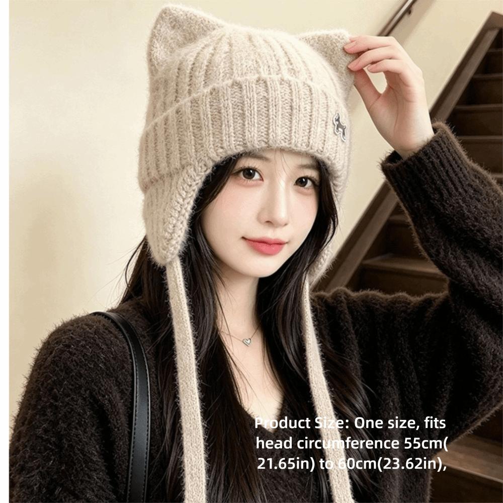 Chin Strap Cat Ear Knitted Hat 55cm To 60cm Circumference Earflap Hat  Snow Weather