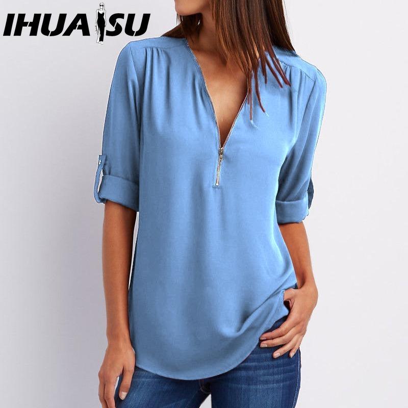 IHUASU Women's Fashion Casual Solid Color Print Short Sleeve POLO Neck Blouses & Shirts