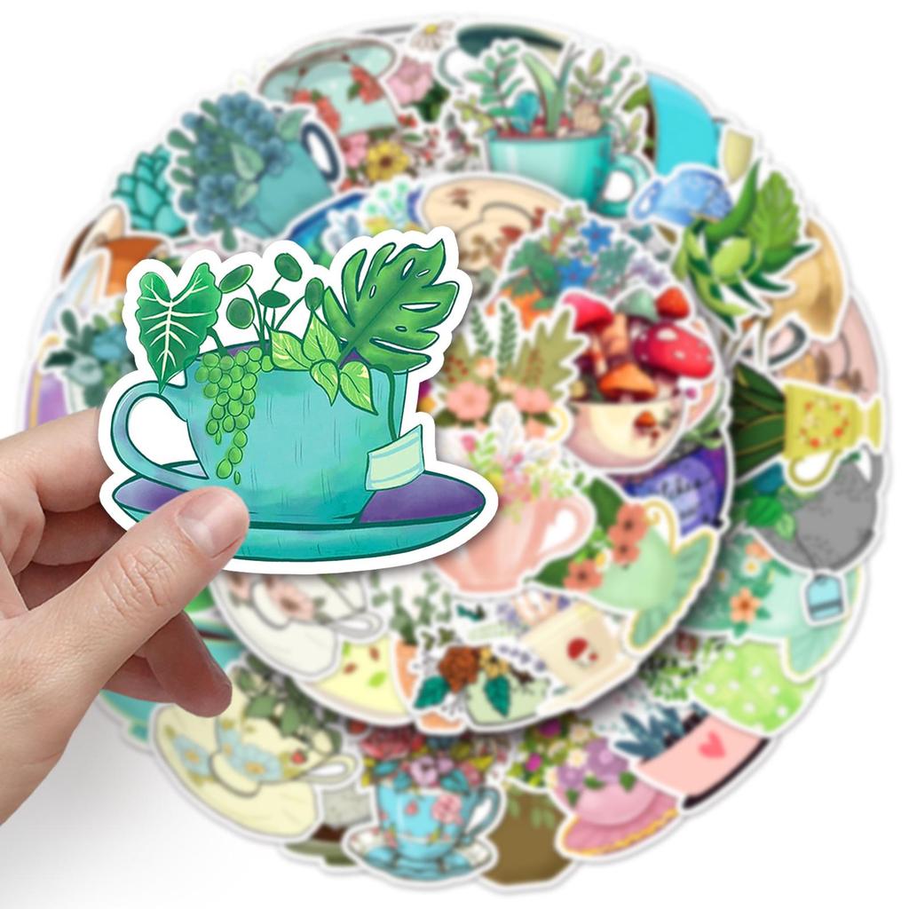 50pcs Artistic Tea Cup Stickers: Fresh, Waterproof, Decorative Milk Tea Designs for Journals and Crafting