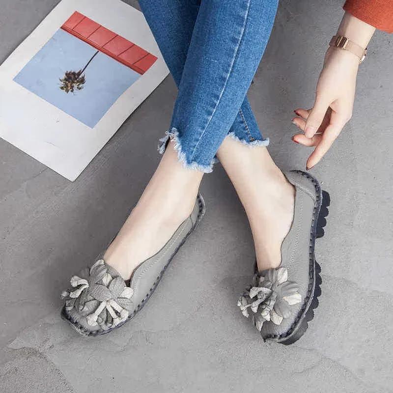 2025 Summer Genuine Leather Flats Women Soft Slip-On Flat Shoes Black Red Floral Mom Loafers Moccasin Lady Designer Shoes