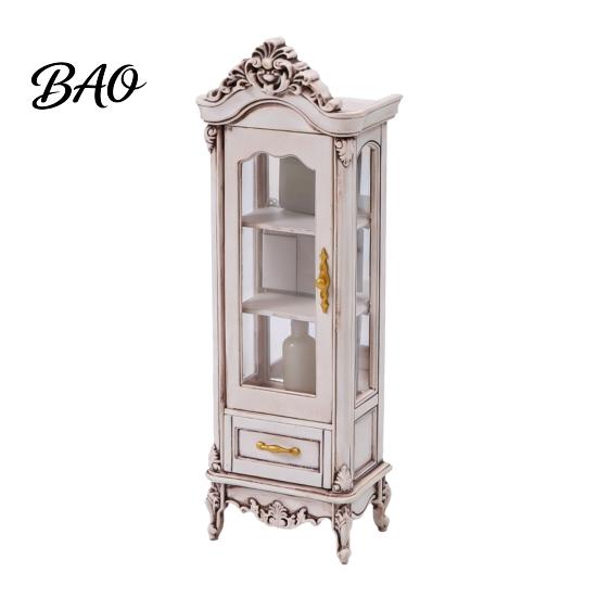 Detailed Miniature Furniture Curio Cabinet, 1/12 Scale Mini Wine Wooden Tiny Display Cabinet with Drawer, Vintage for Doll Mansion Living Room Decor,