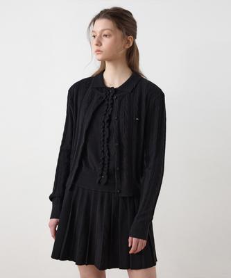 HANE [Set] Fairy Knit Collar Vest + Cable Cardigan_Black