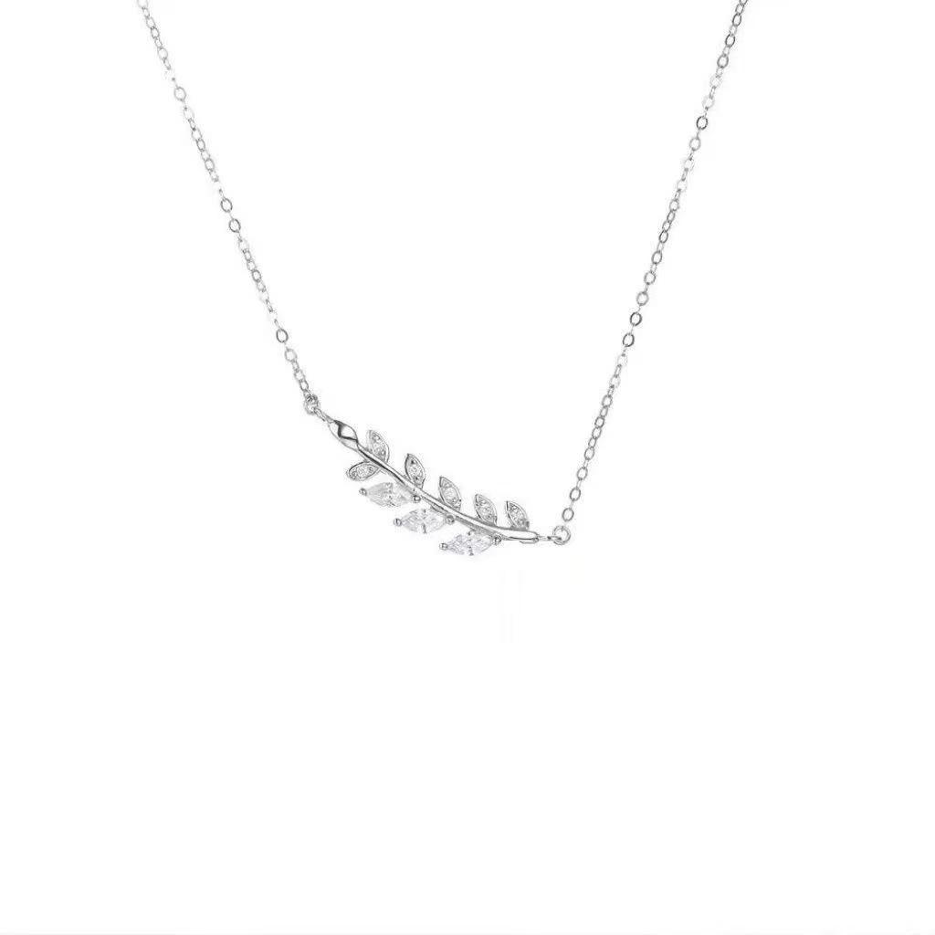 Women's Wheat Ear Necklace with Zircon Leaves - White Copper Collarbone Chain, Internet Celebrity Style, Available for Dropshipping