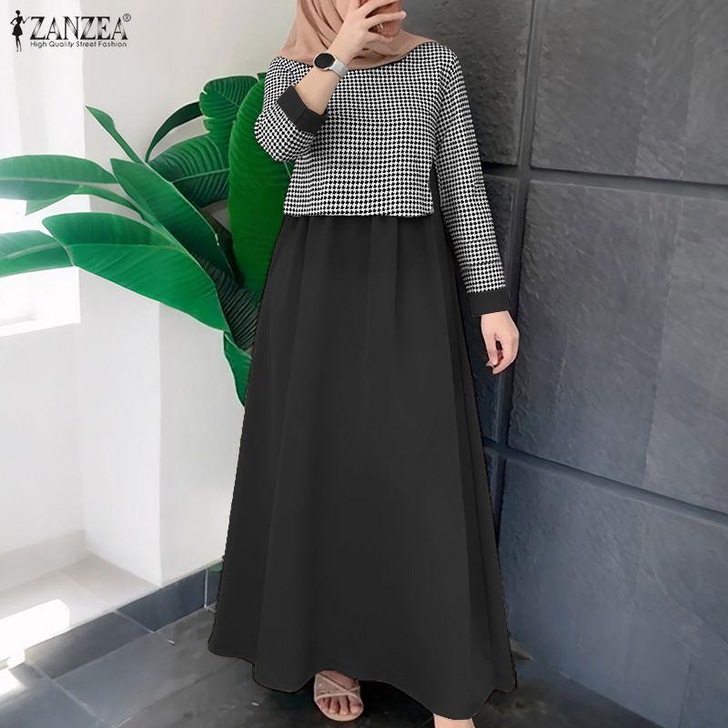 ZANZEA Women Casual Round Neck Loose Long Sleeve Print Dress Muslim