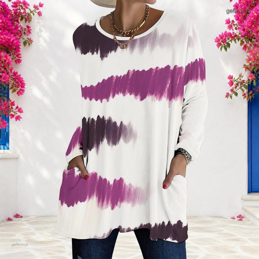Women Plus Size Round Neck Long Sleeve Marble Printed Green Blue Gold Loose Tunic Top With Pockets