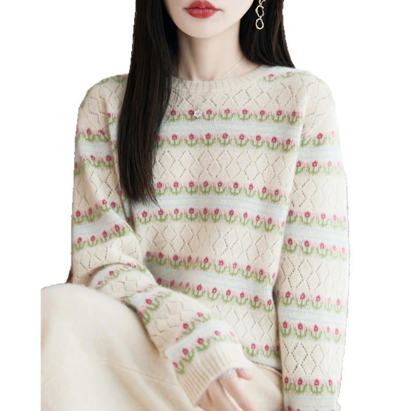 Women's 100% Wool Striped Round Neck Jacquard Knit Sweater with Long Sleeves