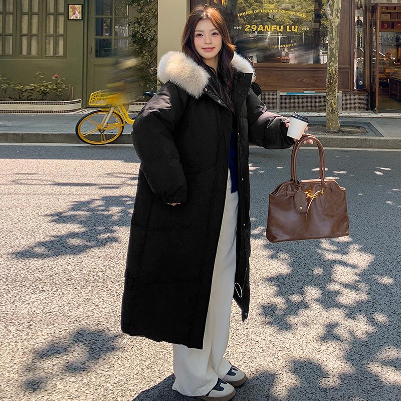 

Зимняя новая пуховая куртка высокого класса с большим меховым воротником, женская длинная до колена утолщенная хлопковая куртка в корейском стиле XL