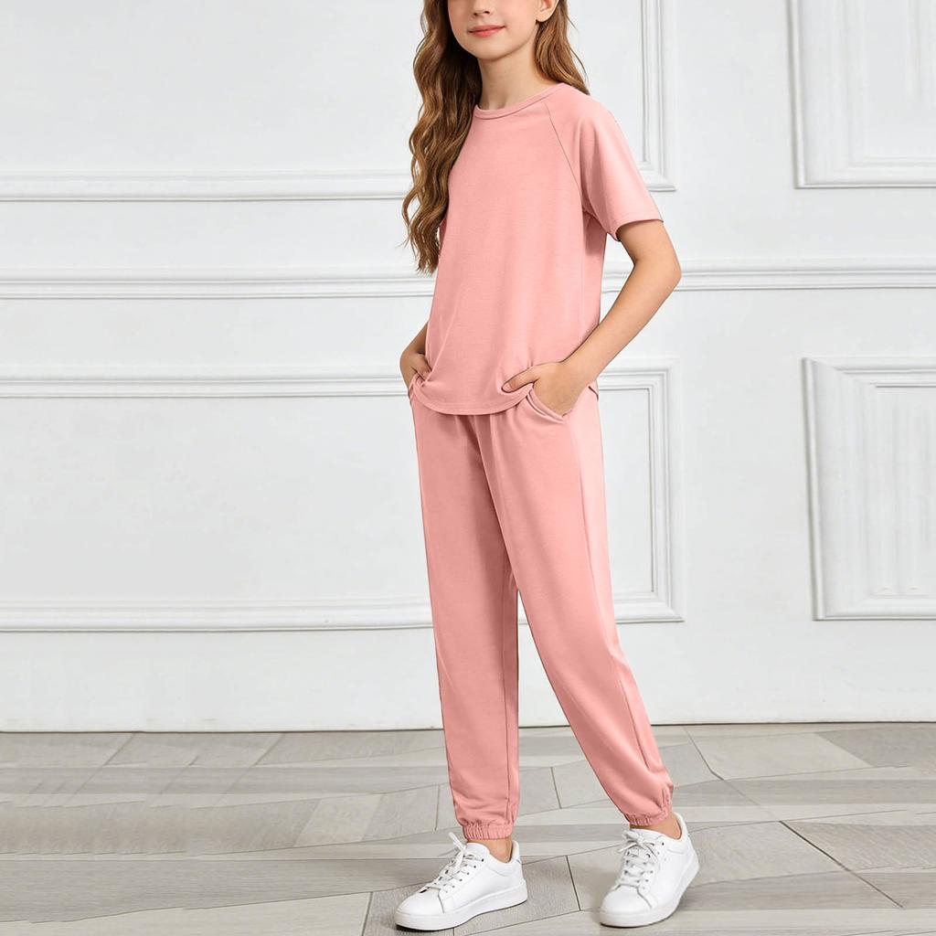 Girls Two Piece Set Short Sleeve Top and Harem Pants Lightweight Soft Fabric Casual Outfit for Spring Summer