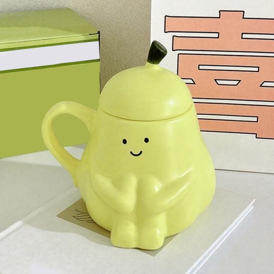 Yousheng Pear Shaped Ceramic Mug with Lid Cute Funny Coffee Tea Cup with Smiling Face 450ml Comfortable Handle Drinkware Gift for Birthday Home Decor