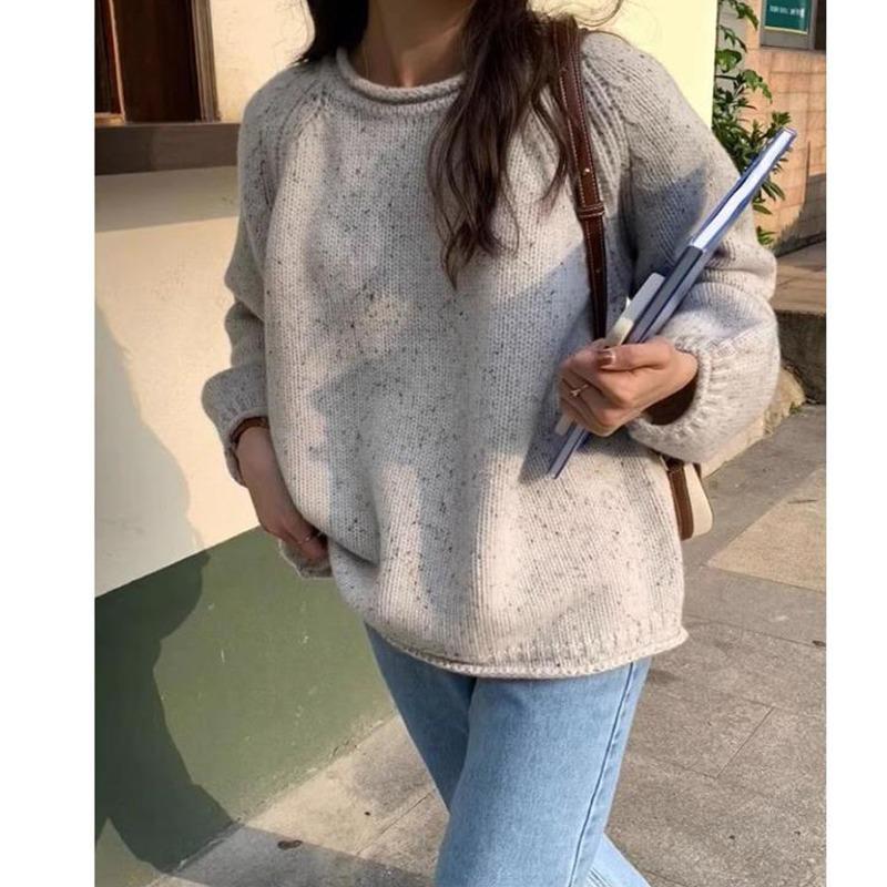 Thickened Retro Lazy Wind Pullover Variegated Flower Thread Knitted Sweater Women's Autumn and Winter Base Outer Wear Lazy Wind