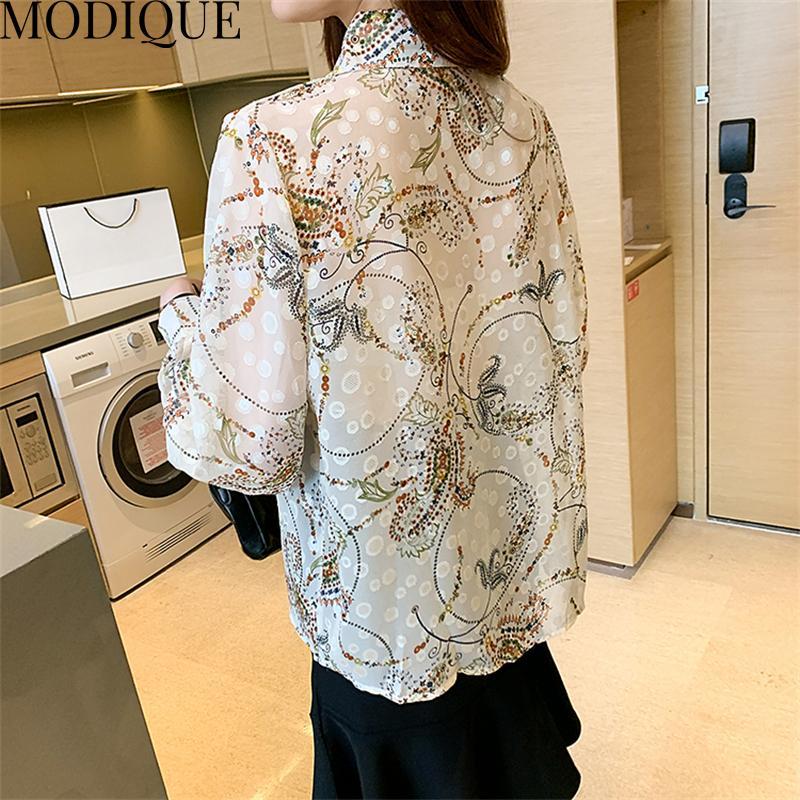 MODIQUE Jaro Léto Nadměrné velikosti Dámské Volné Elegantní Bavlna Hedvábí Květinová Výšivka Tyl Halenka Košile Dámská Móda Ležérní Výstřih do V Lucernové Rukávy Kabáty