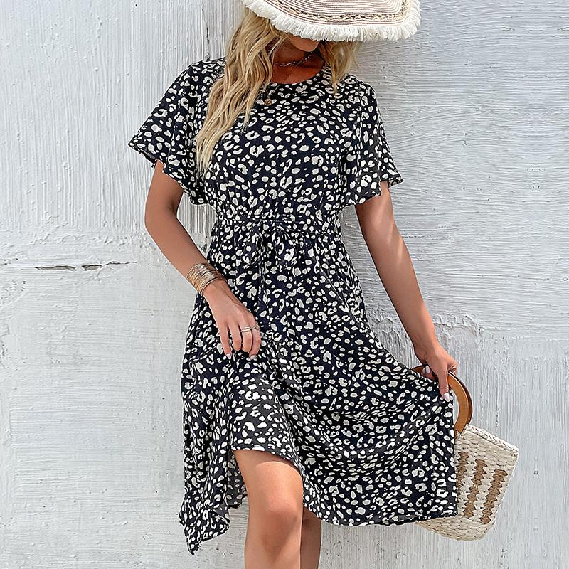 YYFS Dámská móda Léto Jaro Květinový potisk Neformální šaty s krátkým rukávem do O-výstřihu